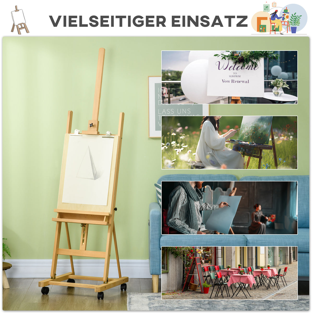 Vinsetto Staffelei, Künstlerstaffelei, Höhenverstellbar, 4 Rollen, Natur + Schwarz