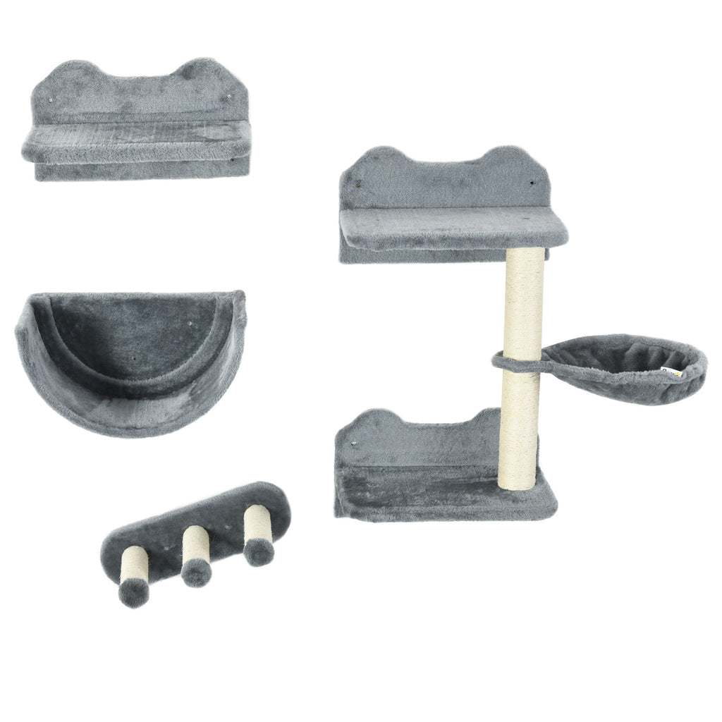 PawHut Kletterwand-Set für Katzen, Hängematte, Kratzbrett, Sprungplattformen, Plüsch, Sisal, Grau