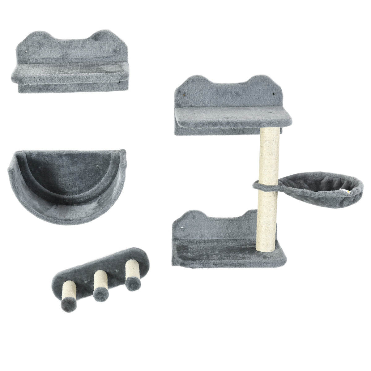 PawHut Kletterwand-Set für Katzen, Hängematte, Kratzbrett, Sprungplattformen, Plüsch, Sisal, Grau