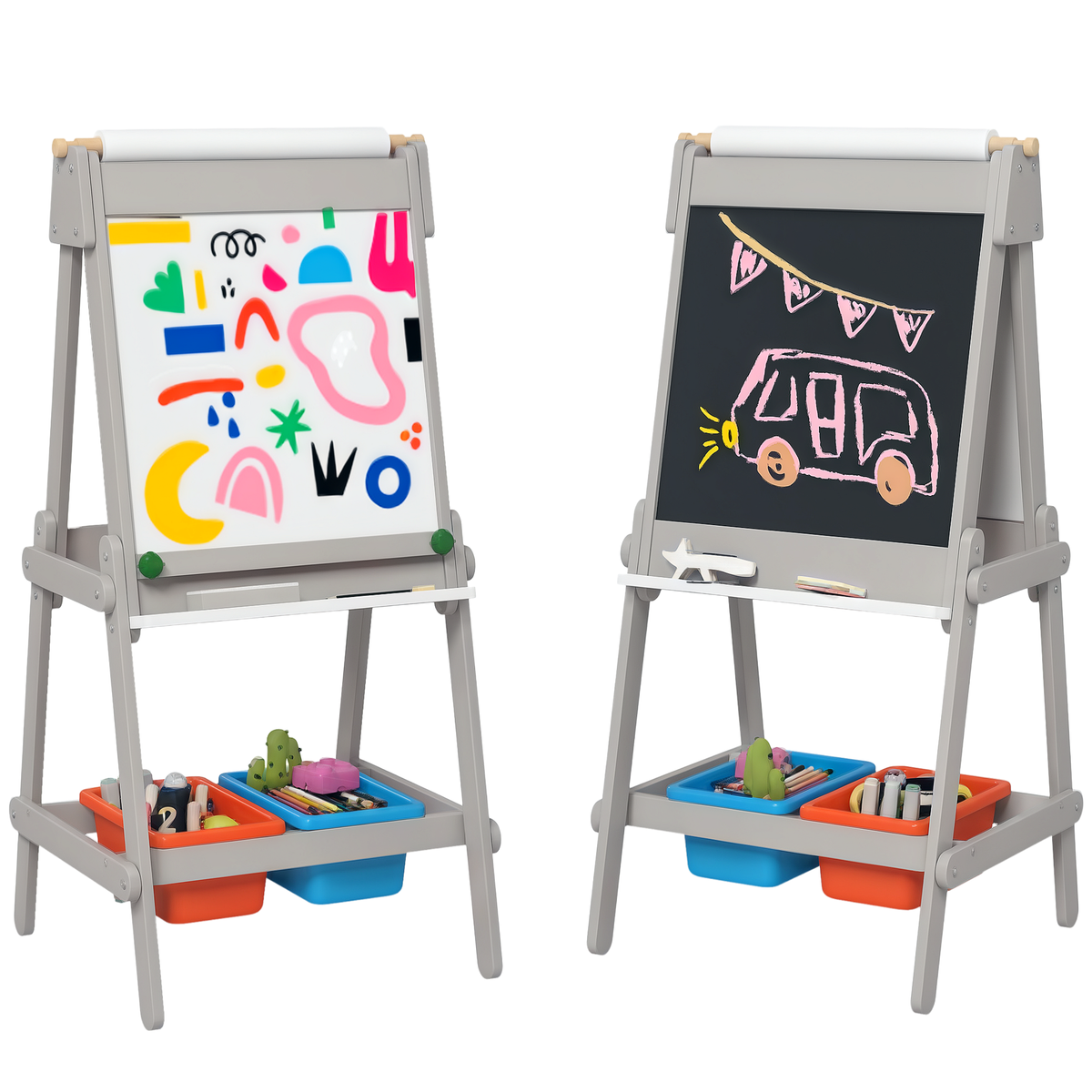 AIYAPLAY Doppelseitige Kindermalstaffelei mit Papierrolle, Kreidetafel, Whiteboard, 3-in-1-Design, zum Zeichnen und Malen
