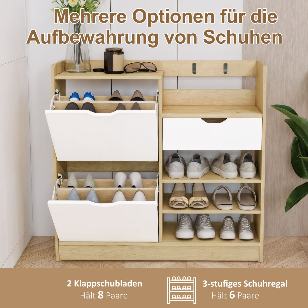 HOMCOM Schuhregal für Flur, Schuhschrank mit Kippschubladen, offenen Regalen, 4 Haken, für bis zu 14 Paar Schuhe, Natur