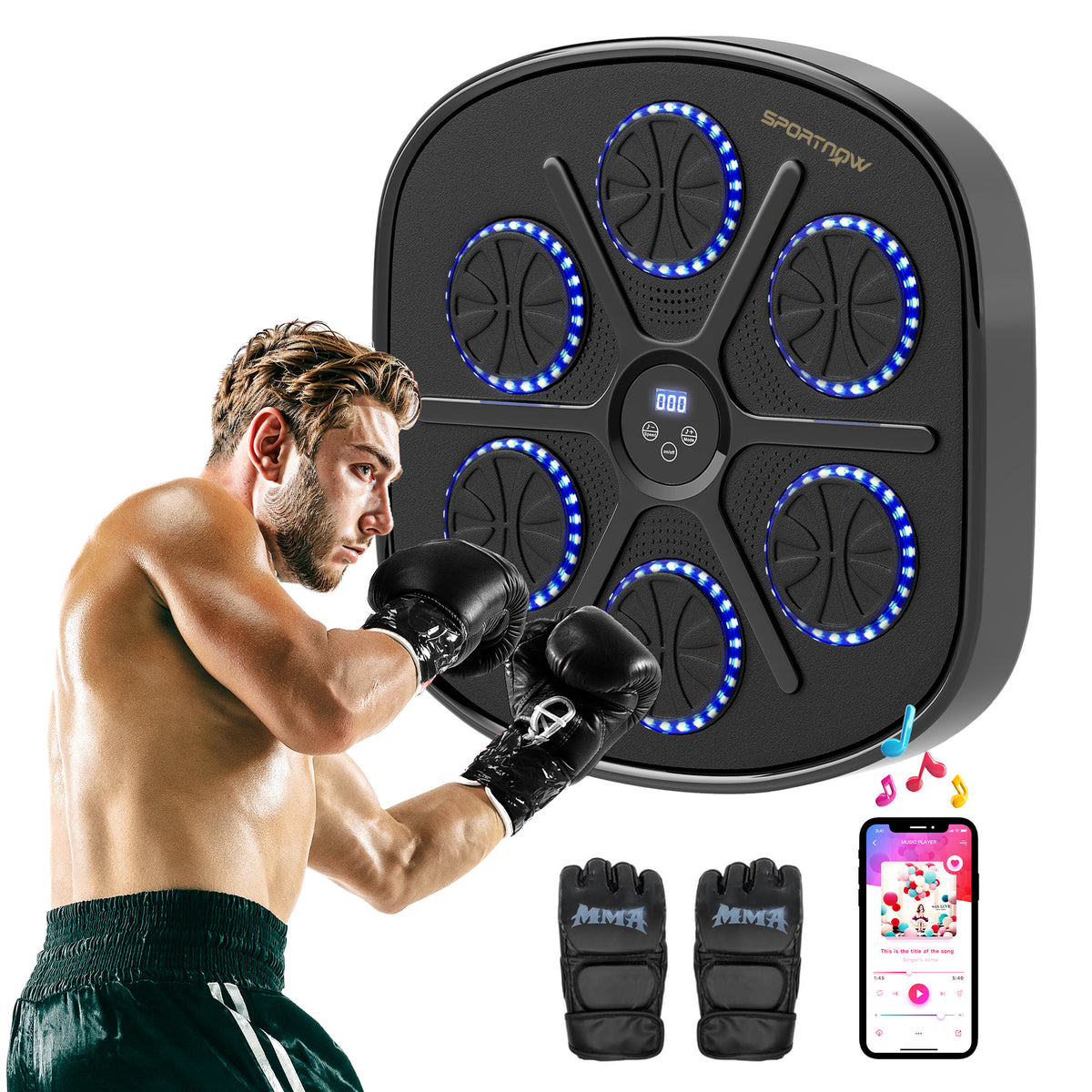 SPORTNOW Musik-Boxmaschine, Rhythmisches Boxgerät, 9 Modi, Bluetooth, LED-Lichter, mit Boxhandschuhen, Schwarz