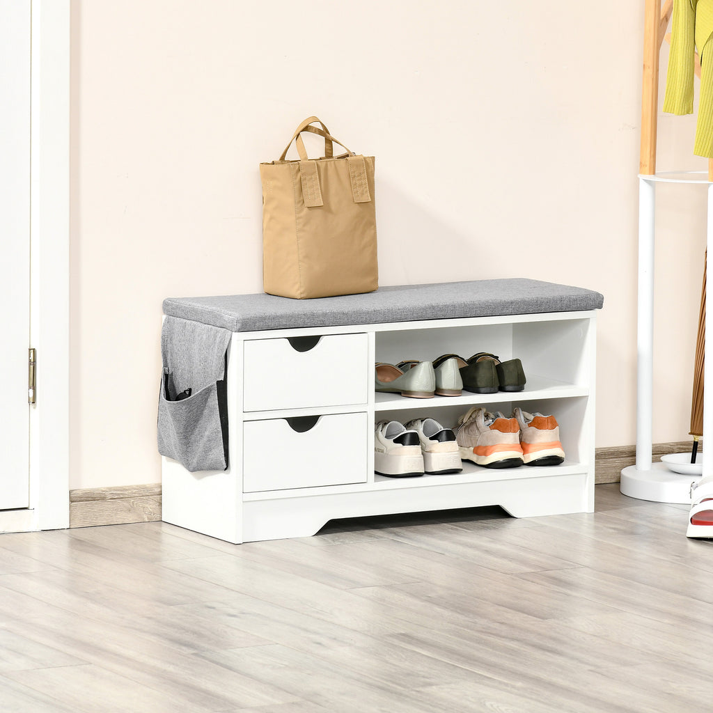 HOMCOM Schuhbank und Schuhschrank mit Sitzkissen Grau 2 Regale und 2 Schubladen MDF 80,5 x 30,5 x 43,5 cm Grau und Weiß
