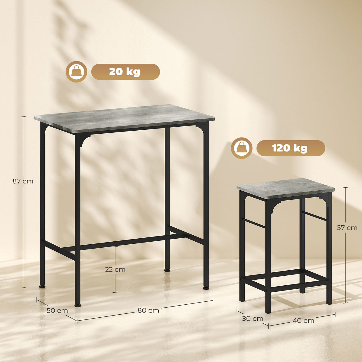 HOMCOM Bartisch Set Bartisch mit Barhocker-Set Esstisch mit 2 Stühlen mit Rutschfestem Fußpolster Grau