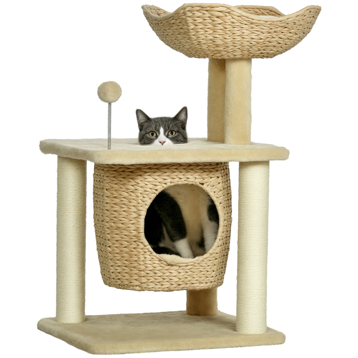 PawHut Kratzbaum mit Katzenhöhle, Liegeplattform, Spielball, 45x40x74cm, Beige