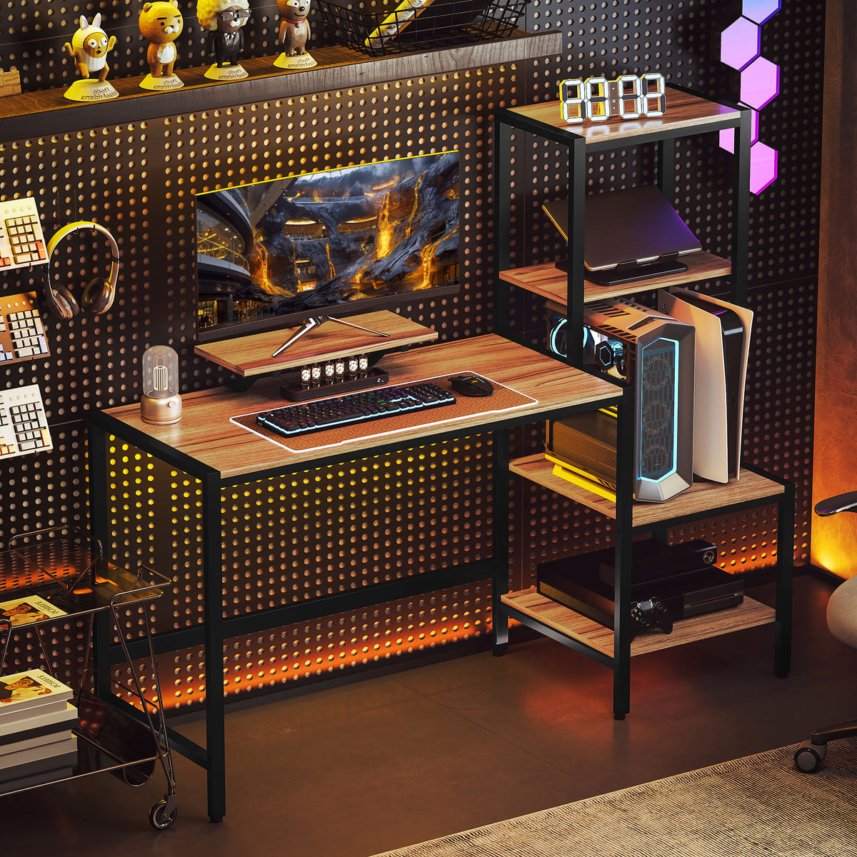 HOMCOM Computertisch mit Monitorständer, Schreibtisch mit 4-stufigem Regal, Industrielles Design, Braun
