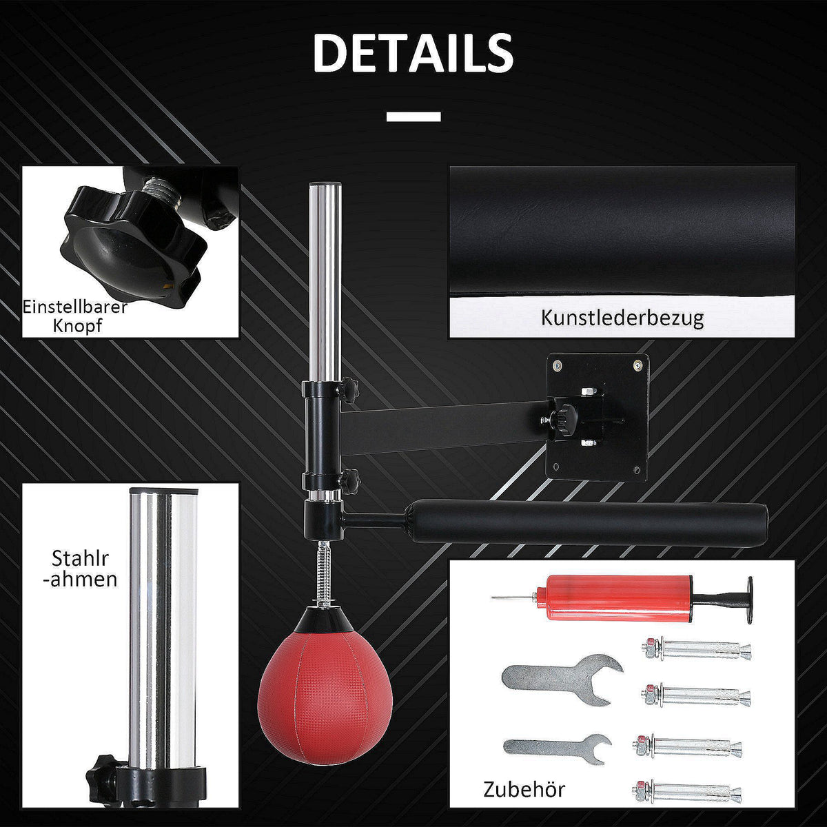 HOMCOM Boxgestell mit Speedball & Reflexstange, Wandmontage, höhenverstellbar, Schwarz/Rot