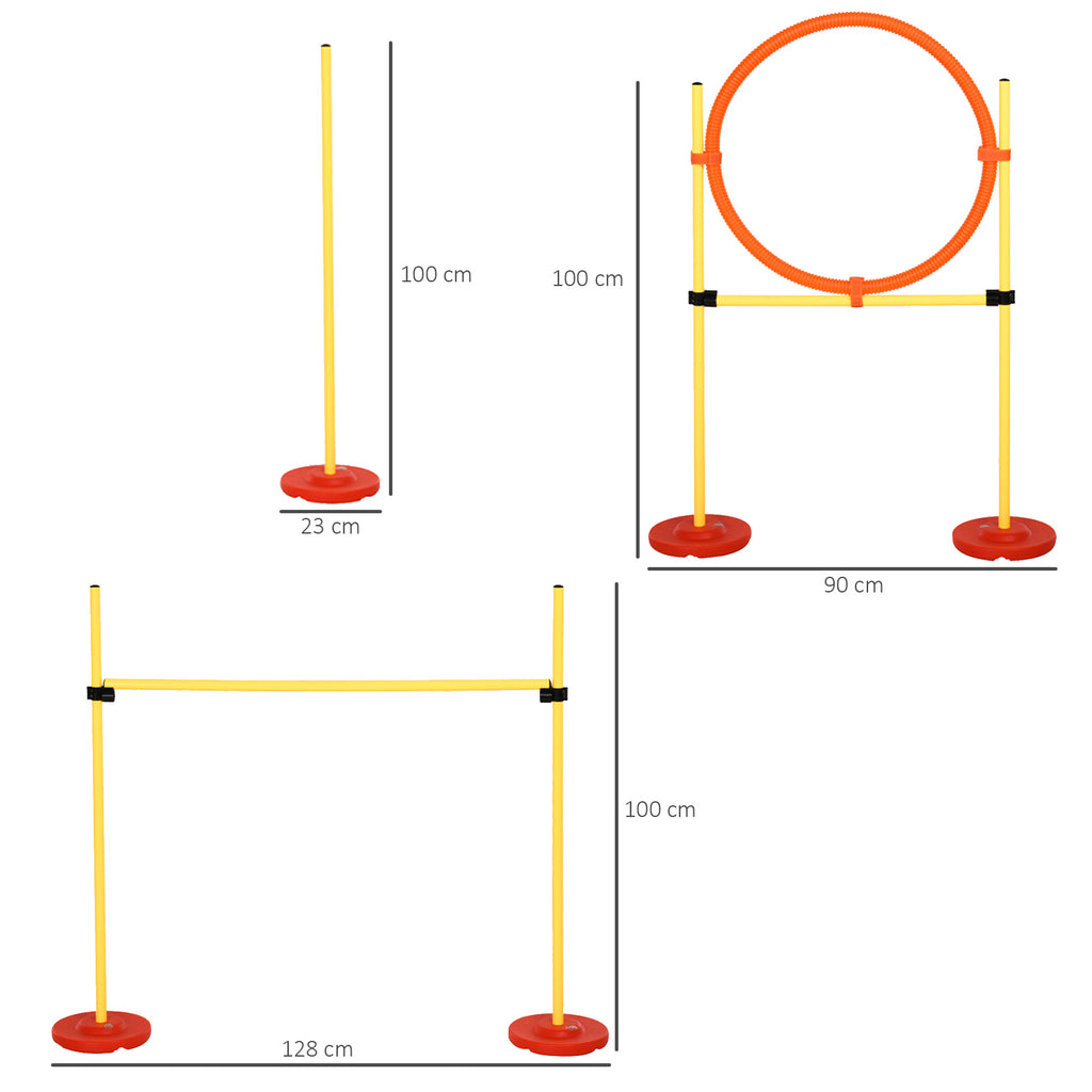 PawHut Agility Set Hunde 3-teiliges Agility-Ausrüstung für Hundetraining Steckhürdenset mit 6 Slalomstangen höhenverstellbar Hürden Sprungreifen Tragetasche Agilityset für Spiele Training