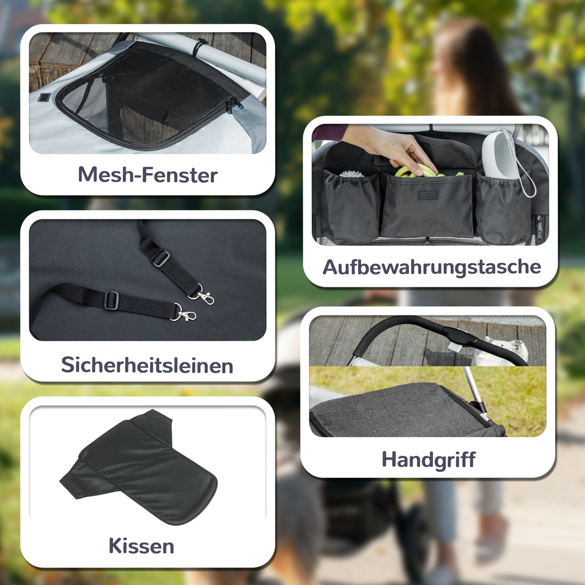 PawHut Hundewagen, Faltbarer Hundebuggy für große Hunde, Haustierwagen mit 4 Rädern, Sicherheitsleinen, Bremsen, Grau