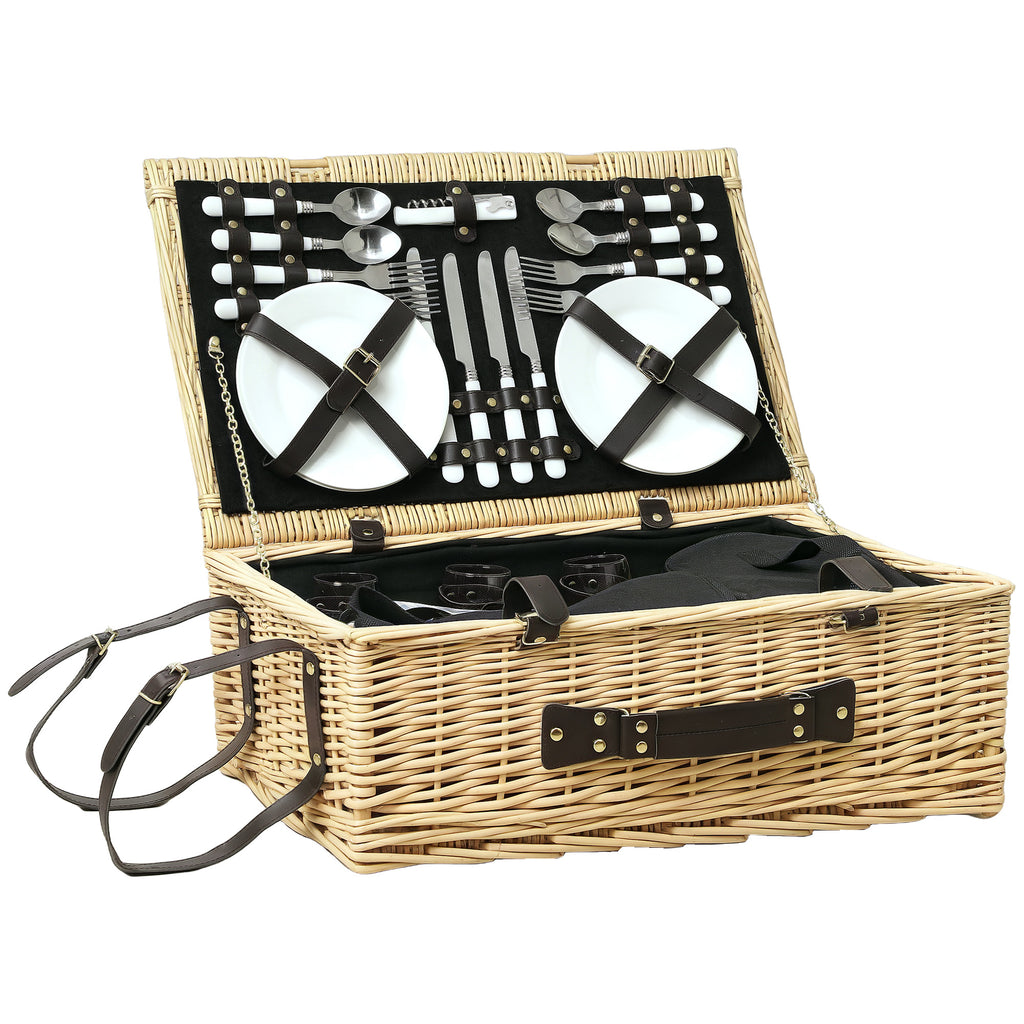 Outsunny Picknickkorb aus Weidenholz Picknickkoffer für 4 Personen mit Isoliert Kühlfach Besteck Set Naturholz