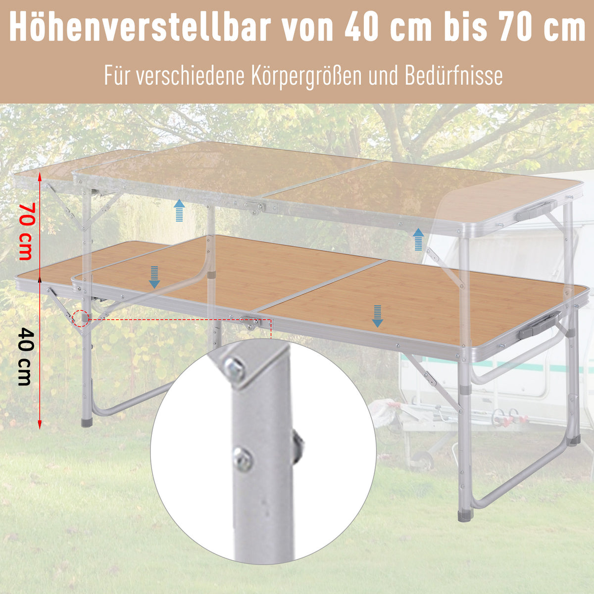 Outsunny Campingtisch höhenverstellbar Klapptisch mit Seittischplatte Klappbar Aluminium 120 x 60cm Naturholz