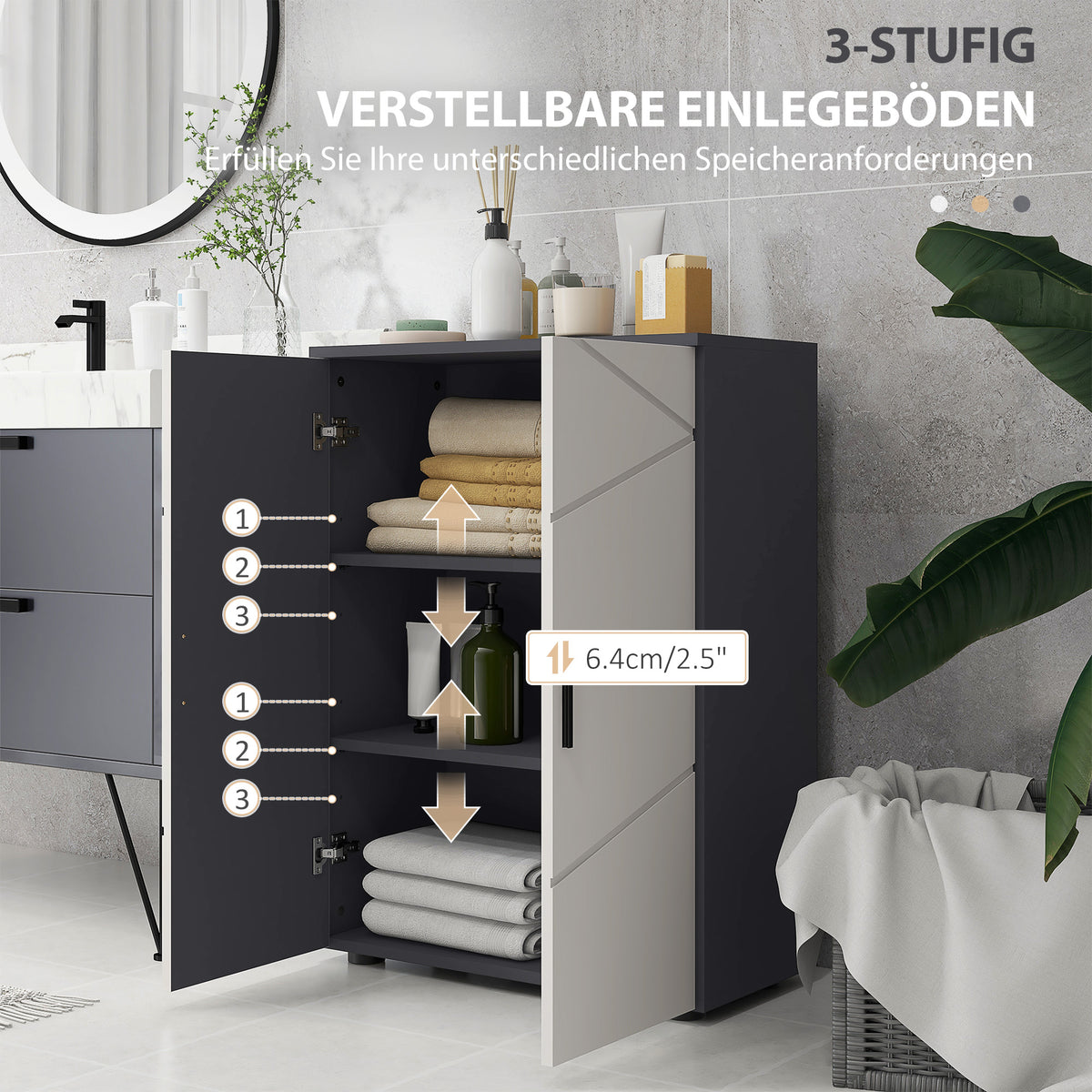 kleankin Badezimmerschrank, Badkommode, verstellbare Regale, bis zu 25 kg belastbar, Grau
