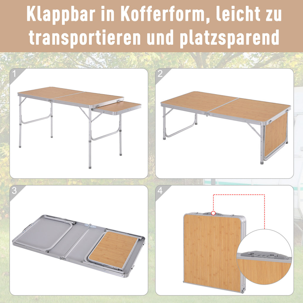 Outsunny Campingtisch höhenverstellbar Klapptisch mit Seittischplatte Klappbar Aluminium 120 x 60cm Naturholz