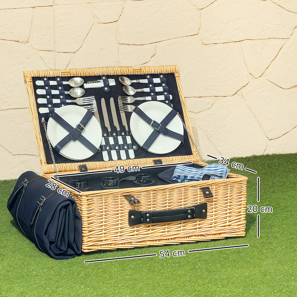 Outsunny Picknickkorb aus Weidenholz Picknickkoffer für 4 Personen mit Isoliert Kühlfach Besteck Set Naturholz
