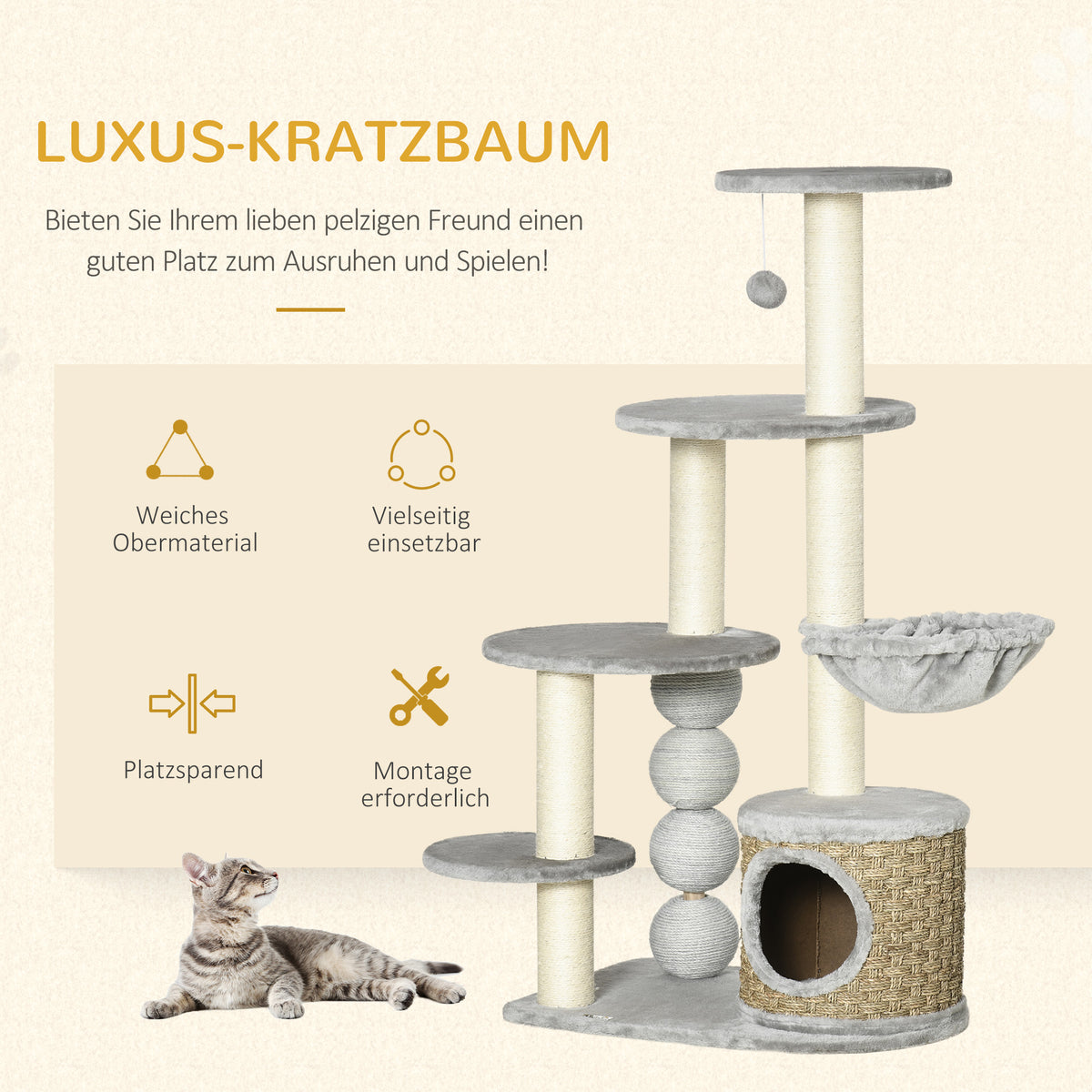 PawHut Kratzbaum mit Katzenhöhle, Hängematte und 3 Kratzstämme 60 cm x 40 cm x 115,5 cm Hellgrau