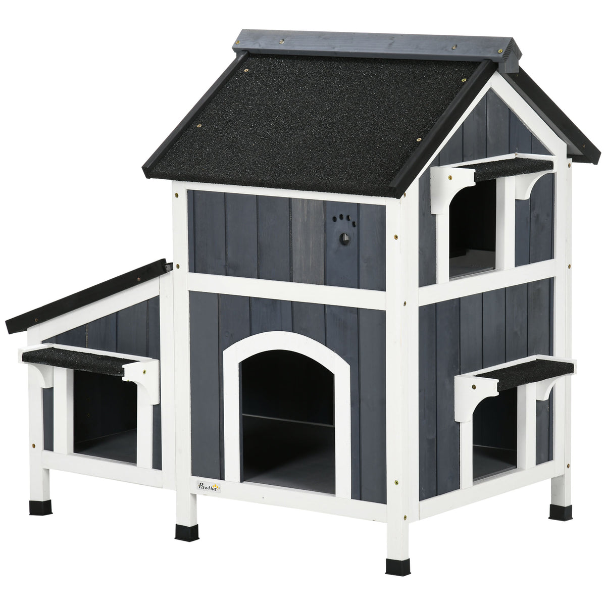 PawHut Outdoor-Katzenhaus, zweistöckig, Bodenabstand, Naturholz, Asphaltdach, grau, 96 x 65 x 85,5 cm
