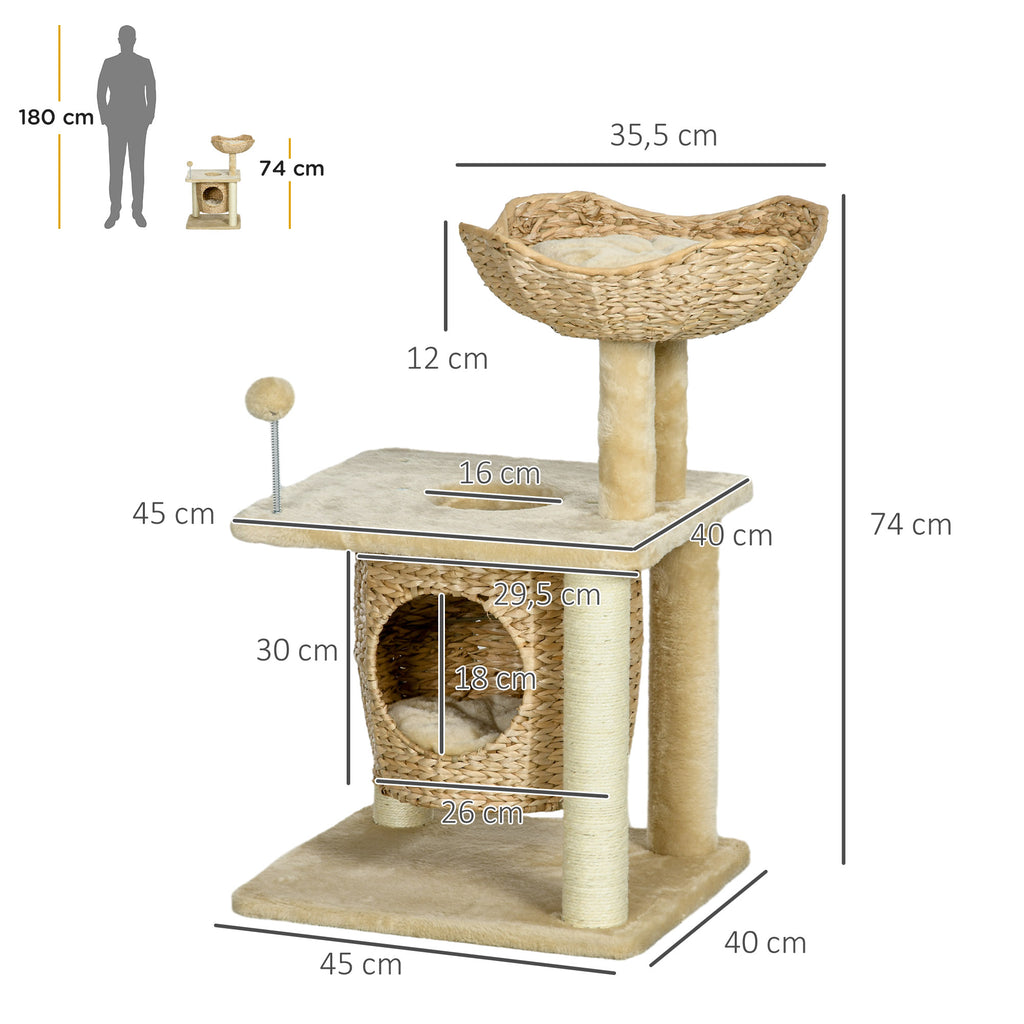 PawHut Kratzbaum mit Katzenhöhle, Liegeplattform, Spielball, 45x40x74cm, Beige