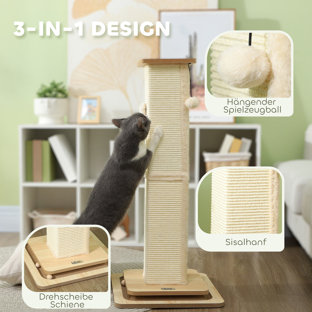 PawHut 3-in-1-Kratzbaum mit Spielschiene, Spielball, Sisal, bis 10 kg, 39,5 x 39,5 x 87 cm, Eiche/Creme