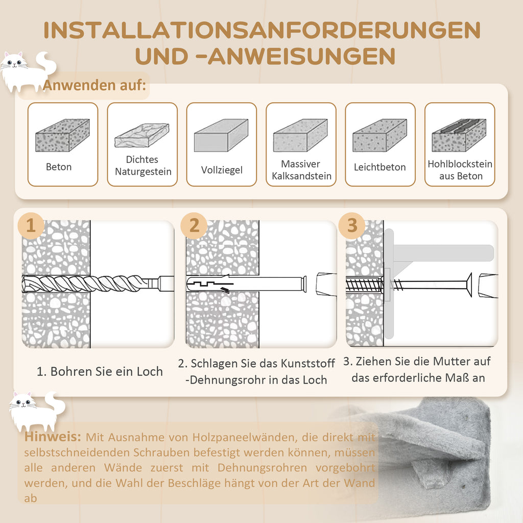 PawHut Kletterwand-Set für Katzen, Hängematte, Kratzbrett, Sprungplattformen, Plüsch, Sisal, Grau