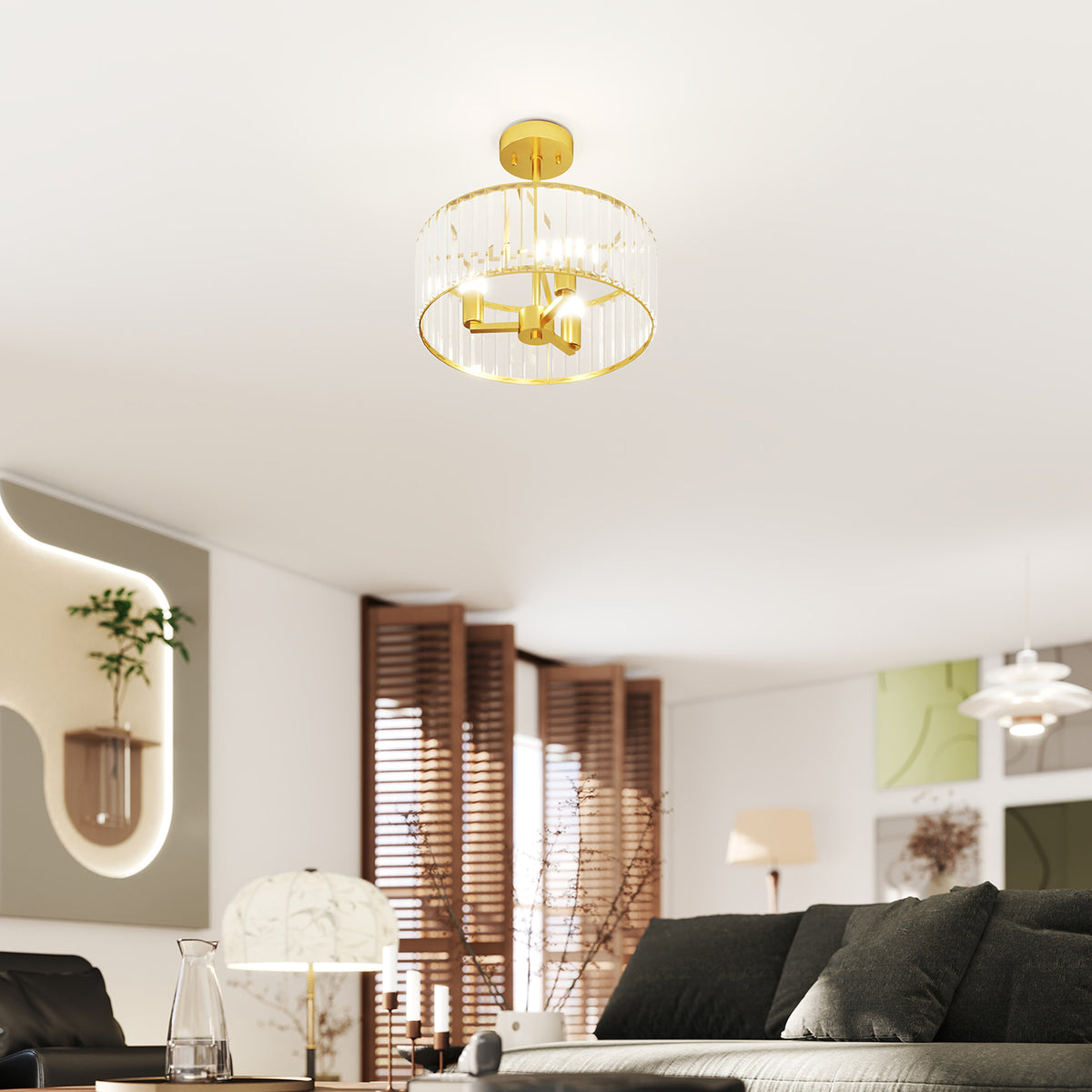 HOMCOM Deckenlampe, Kronleuchter-Design, Kristallschirm, 3 Glühbirnen, Metall, Goldfarben