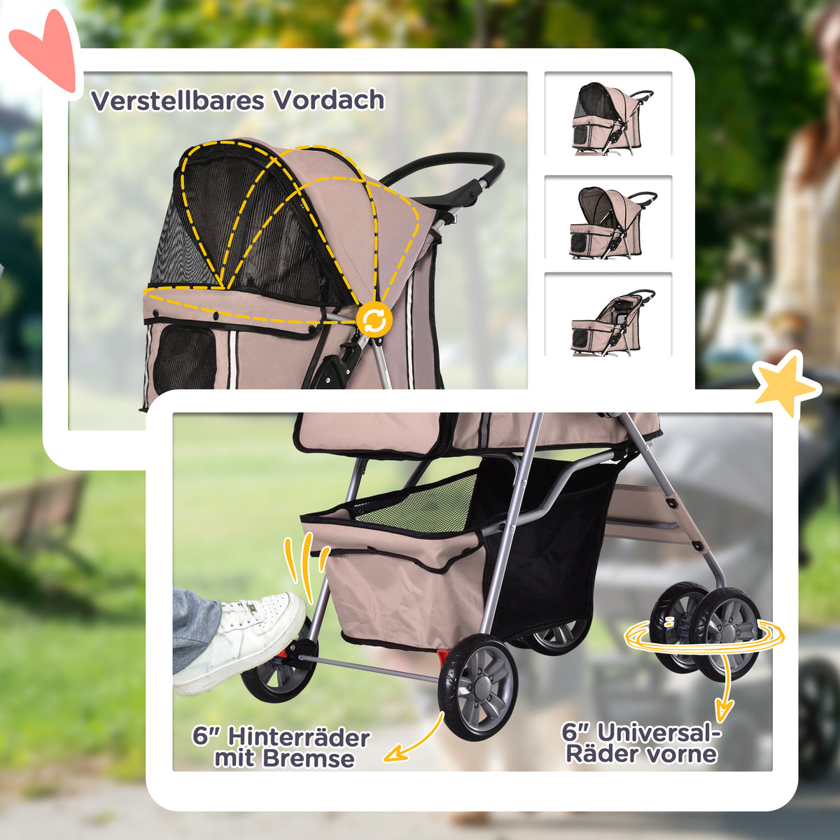 PawHut Hundebuggy Hundewagen bis 10 kg Klappbar Bodenkorb 2 Becherhalter Sonnendach Kaffeebraun