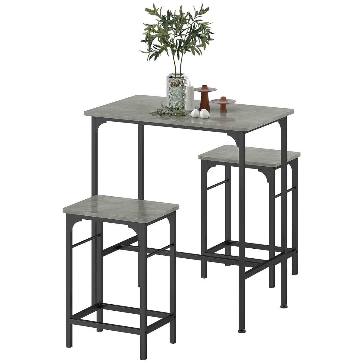 HOMCOM Bartisch Set Bartisch mit Barhocker-Set Esstisch mit 2 Stühlen mit Rutschfestem Fußpolster Grau