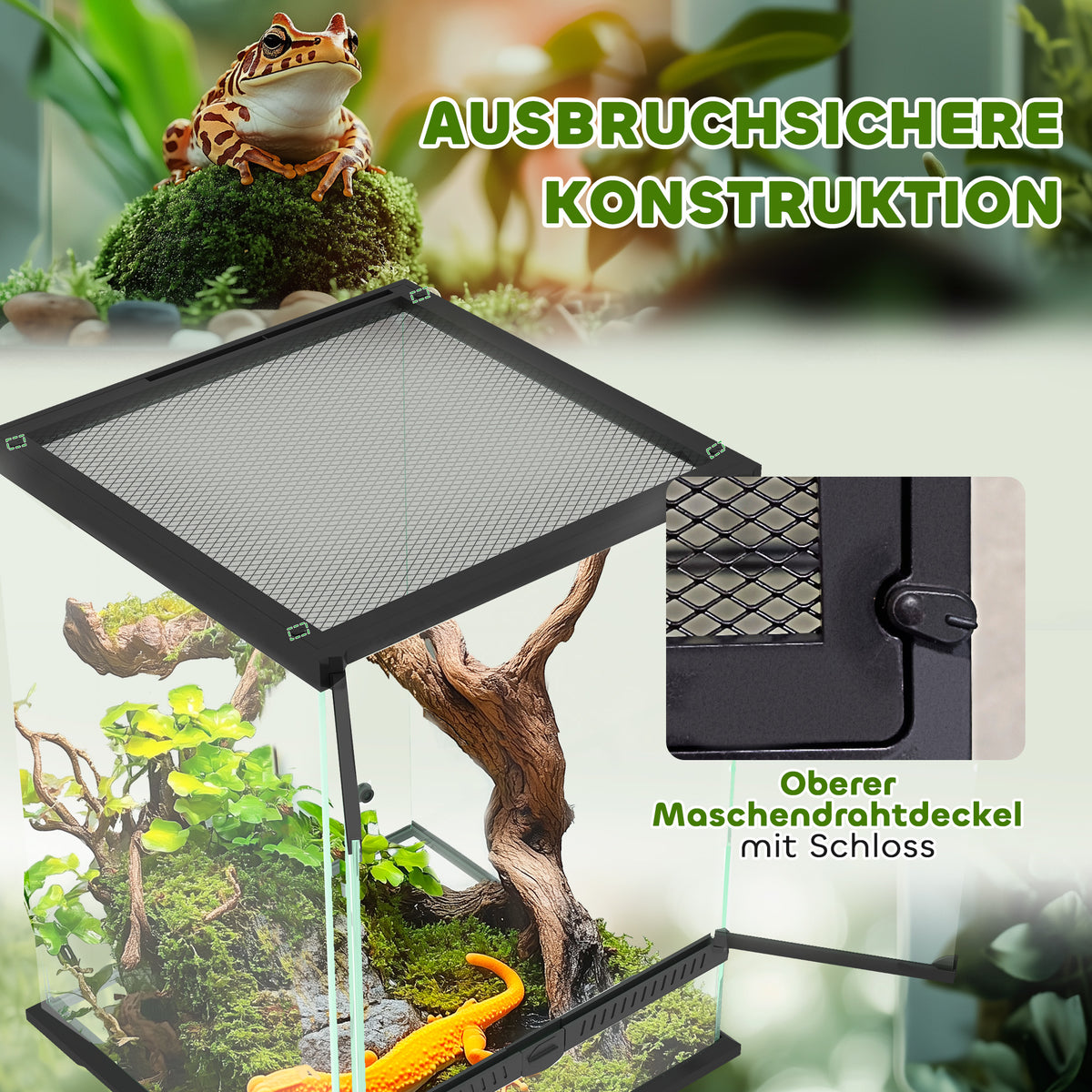 PawHut Terrarium, Glasgehäuse, verriegelbar, Kabelmanagement, 45x45x60cm, Schwarz