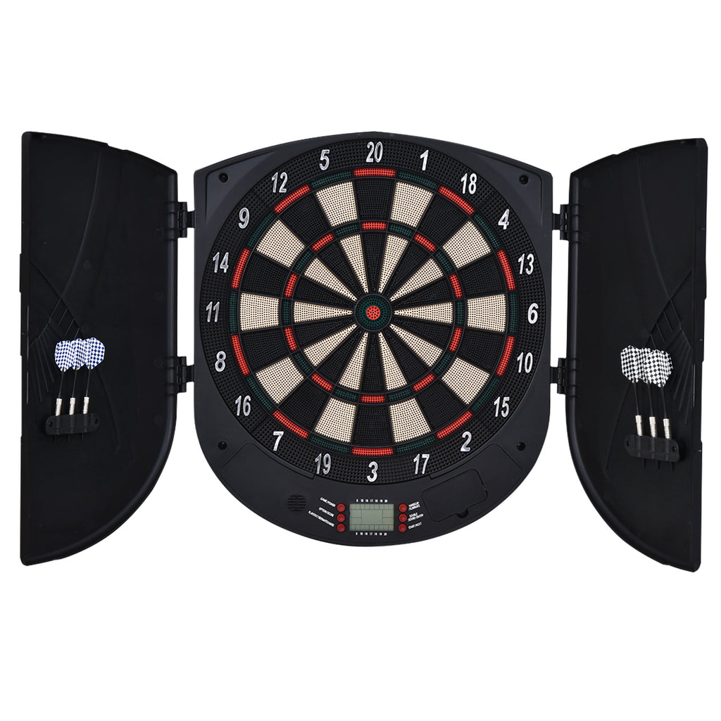 HOMCOM Elektronische Dartscheibe Dartboard mit Sprachansagen Englische Stimme LED-Anzeigen 6 Darts 26 Spiele 185 Varianten Dartautomat mit Tür Dartscheibe Set für bis zu 8 Spieler