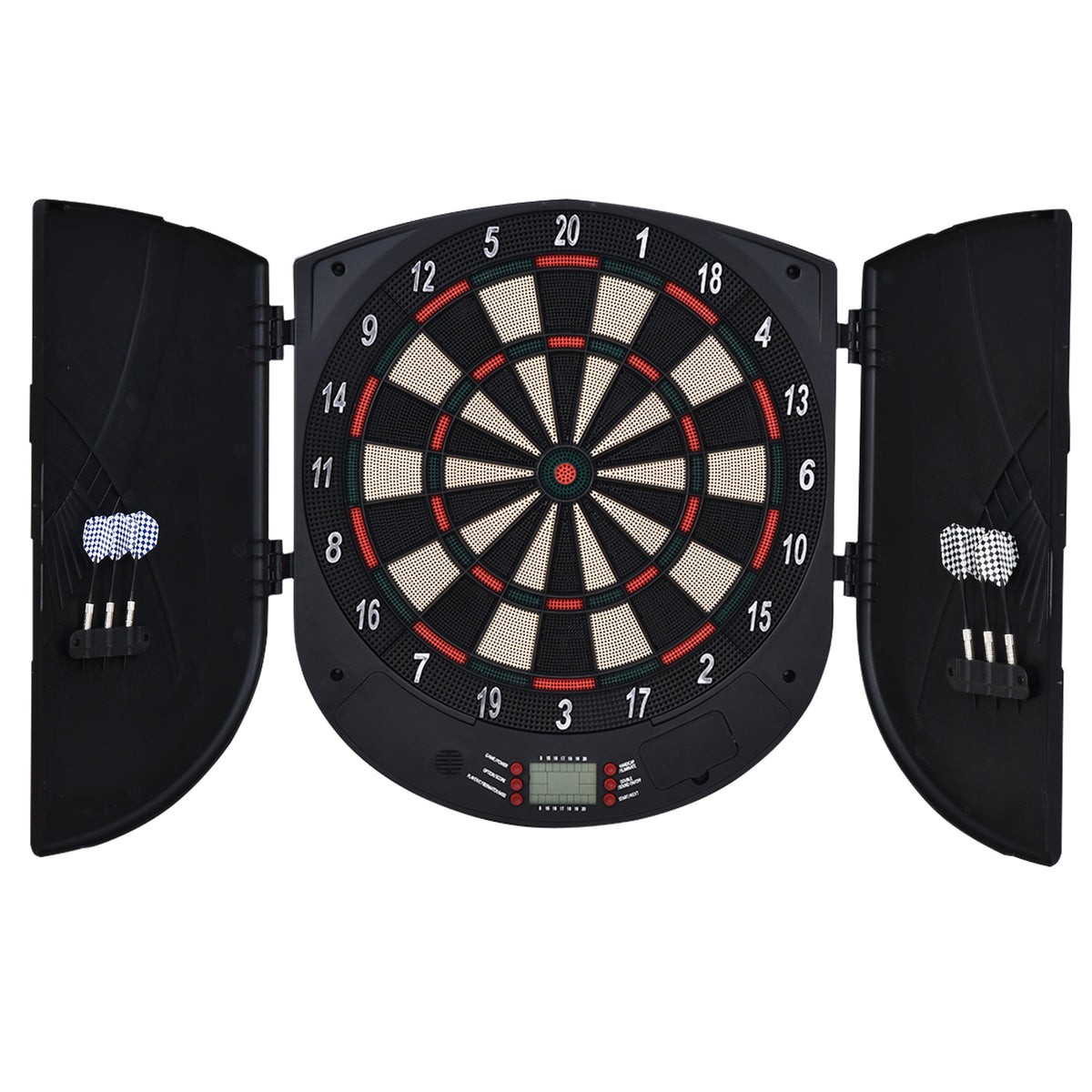 HOMCOM Elektronische Dartscheibe Dartboard mit Sprachansagen Englische Stimme LED-Anzeigen 6 Darts 26 Spiele 185 Varianten Dartautomat mit Tür Dartscheibe Set für bis zu 8 Spieler