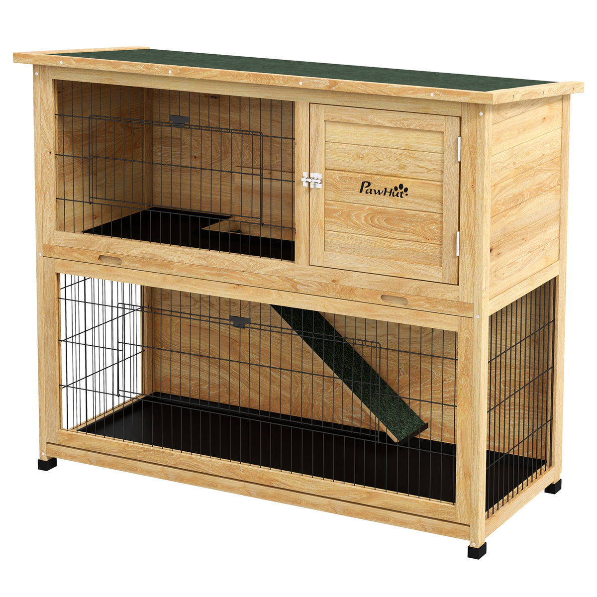 PawHut Kaninchenstall aus Holz 2 Etagen mit 3 Türen herausziehbarem Tablett Rampe Bitumendach 120 x 50 x 102 cm gelb