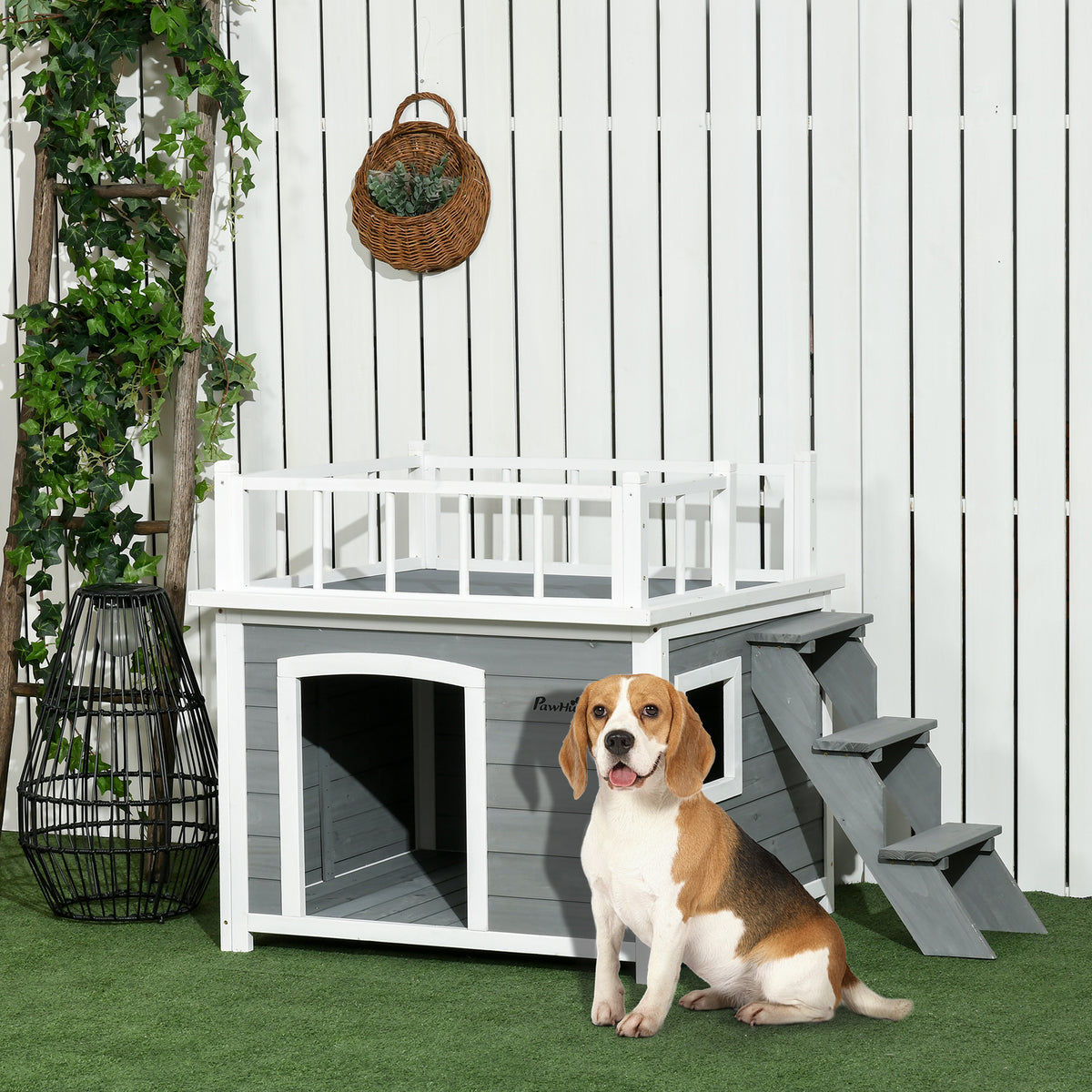 PawHut Hundehütte, Dachterrasse, Treppe, Fenster, Bodenabstand, Naturholz, hellgrau, 121 x 77 x 78cm