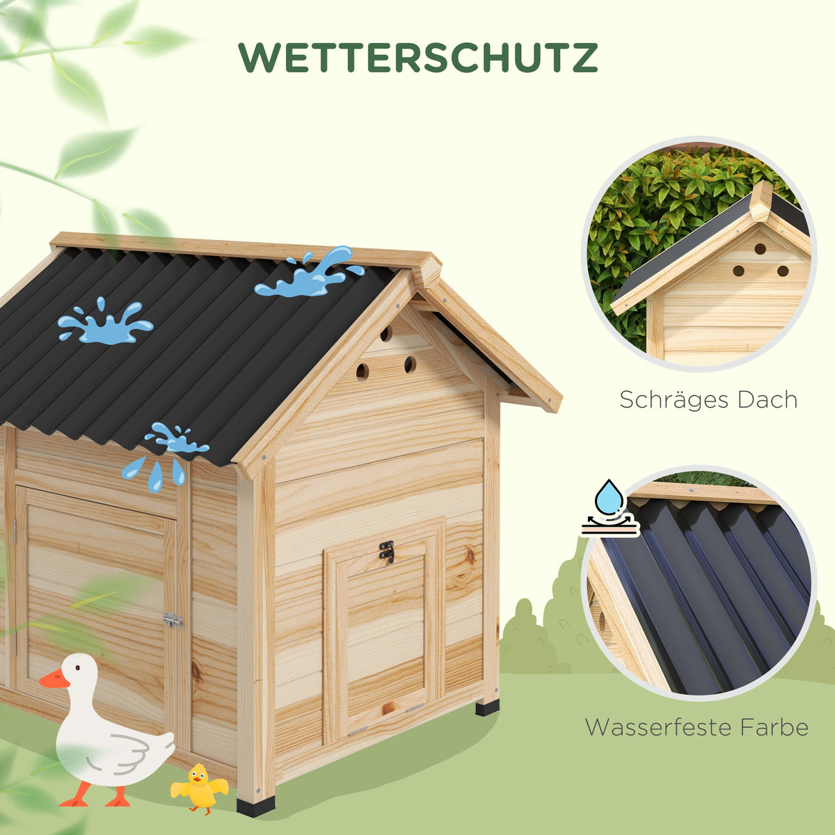 PawHut Entenhaus Entenstall Kleintierstall, wetterbeständig, 2 Eingänge, 2 Rampen, 78 x 90 x 92 cm, 'Natur + Schwarz
