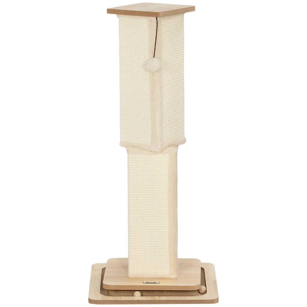 PawHut 3-in-1-Kratzbaum mit Spielschiene, Spielball, Sisal, bis 10 kg, 39,5 x 39,5 x 87 cm, Eiche/Creme
