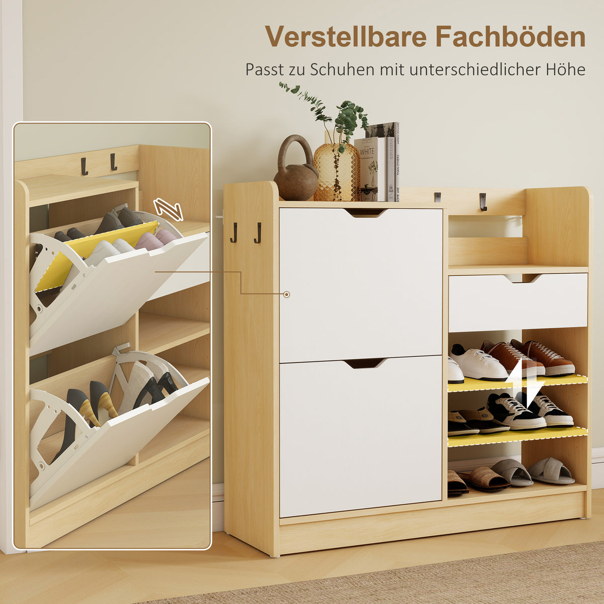 HOMCOM Schuhregal für Flur, Schuhschrank mit Kippschubladen, offenen Regalen, 4 Haken, für bis zu 14 Paar Schuhe, Natur