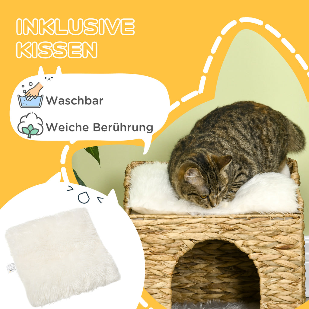 PawHut Katzenhöhle aus Wasserhyazinthen-Gras, 2 Liegefläche, 2 waschbare Kissen, Natur + Weiß