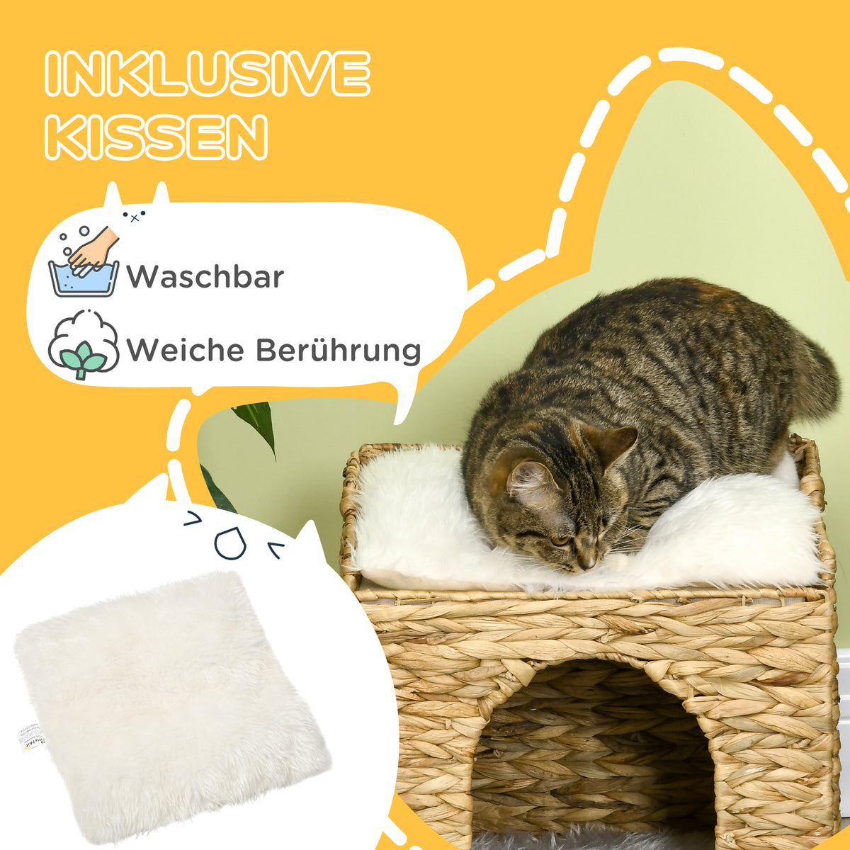 PawHut Katzenhöhle aus Wasserhyazinthen-Gras, 2 Liegefläche, 2 waschbare Kissen, Natur + Weiß