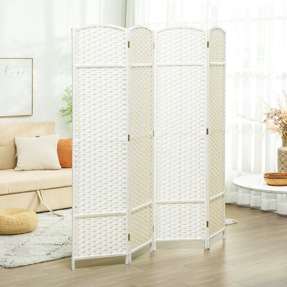 HOMCOM 4-teiliger Raumtrenner, Faltbarer Sichtschutz, Sichtschutzwand für Wohnzimmer, Schlafzimmer, Homeoffice, Weiß