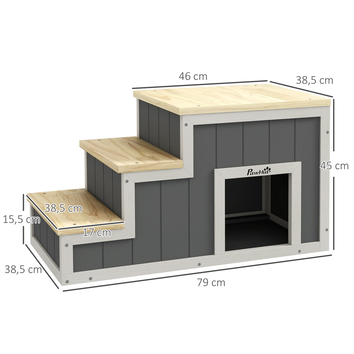 PawHut Haustiertreppe Hundetreppe, 3 Stufen, Kiefernholz, 79 cm x 38,5 cm x 45 cm, Natur + Weiß