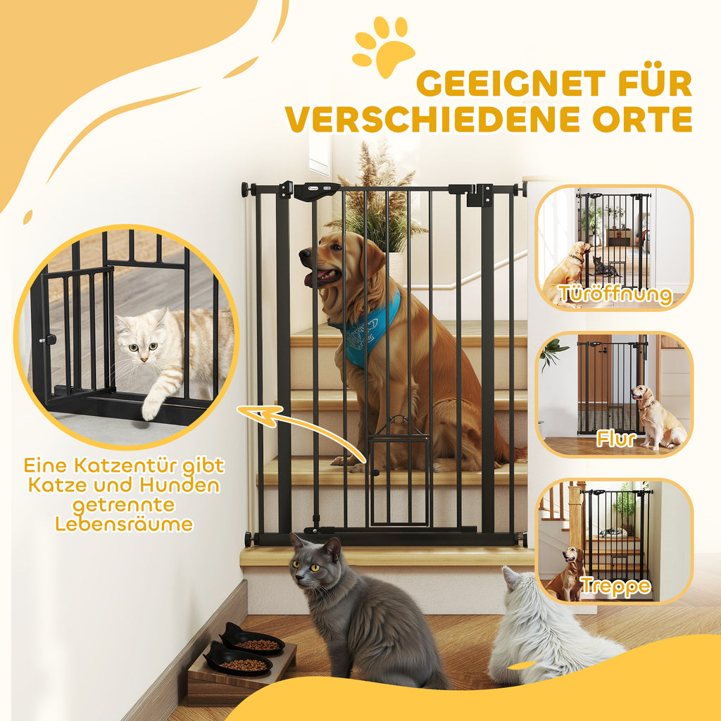PawHut Hunde-Absperrgitter, doppelte Verriegelung, selbstschließende Tür, 104 cm hoch, Stahl, Schwarz
