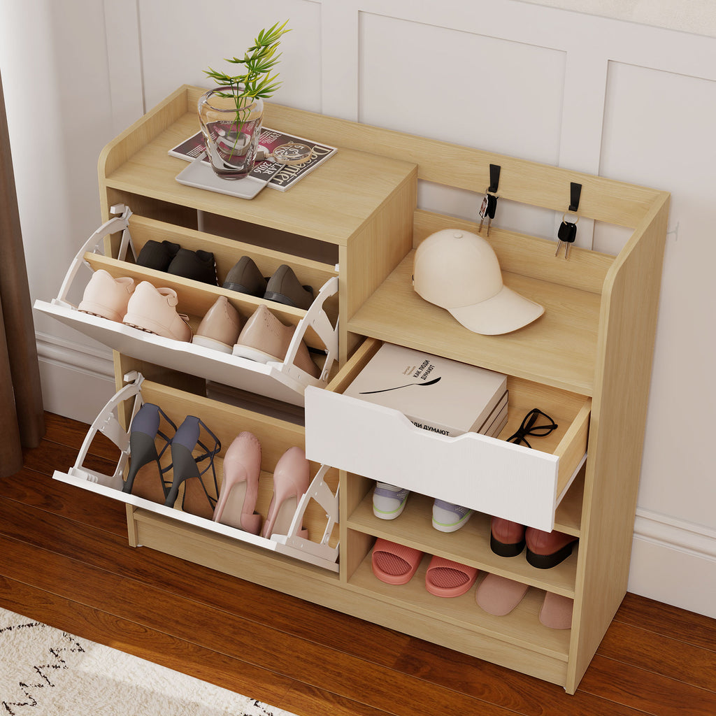 HOMCOM Schuhregal für Flur, Schuhschrank mit Kippschubladen, offenen Regalen, 4 Haken, für bis zu 14 Paar Schuhe, Natur