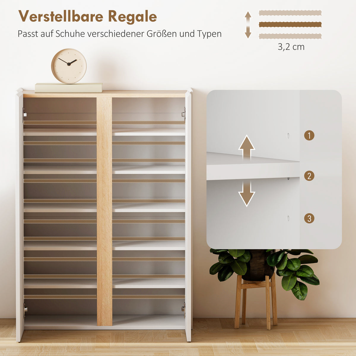 HOMCOM Schuhschrank mit Soft-Close-Funktion, 6-stufiges Design ohne Griffe, fasst bis zu 18 Paare, für Flur, Eingangsbereich, Holz, Weiß