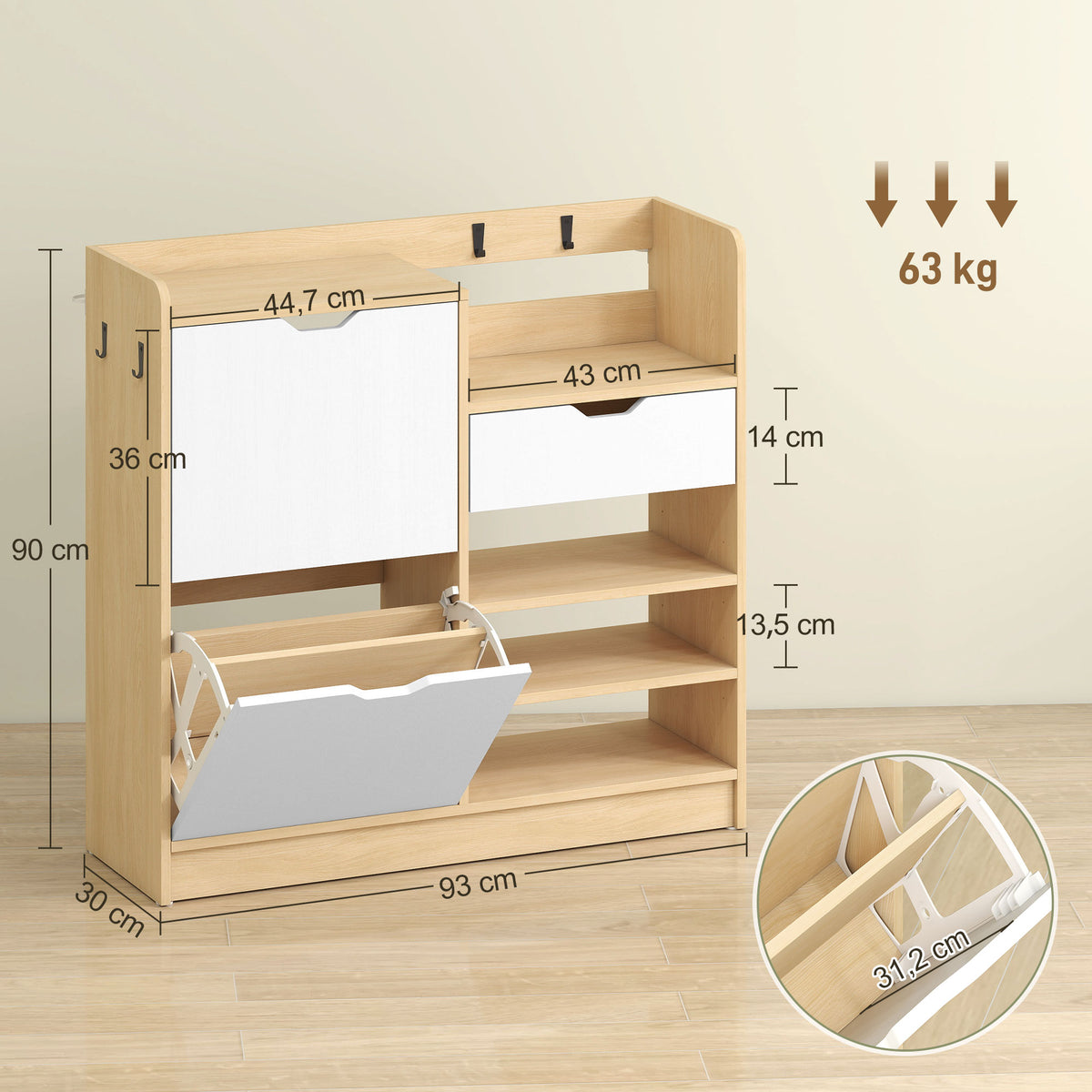 HOMCOM Schuhregal für Flur, Schuhschrank mit Kippschubladen, offenen Regalen, 4 Haken, für bis zu 14 Paar Schuhe, Natur
