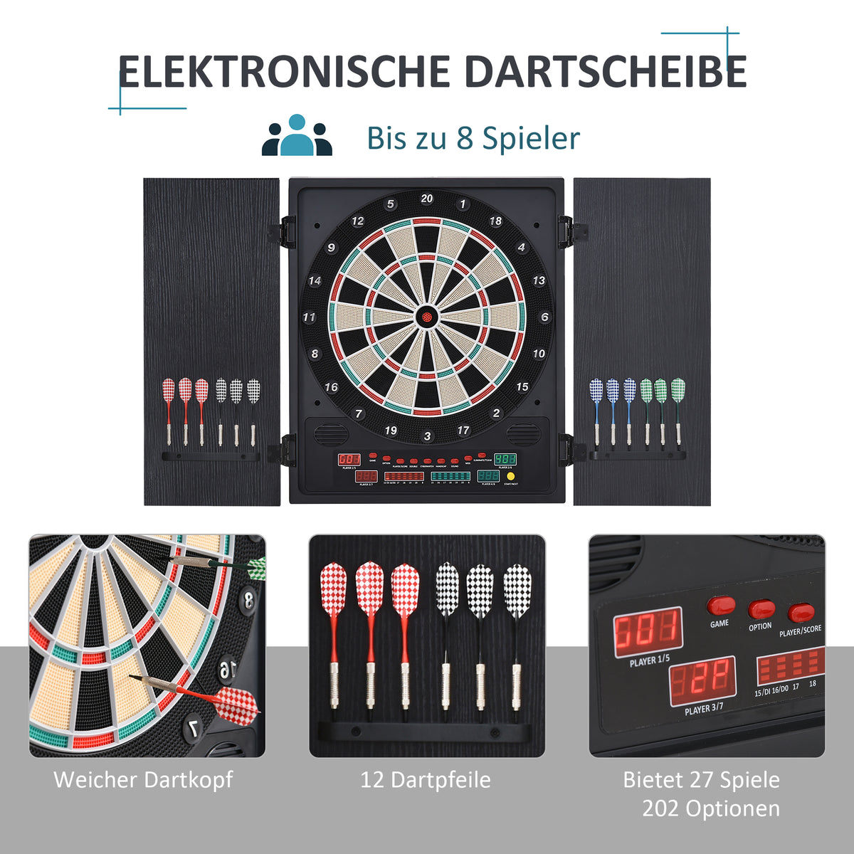 HOMCOM Elektronische Dart-set mit Tür Dartboard Dartscheibe mit automatischer Wertung Soundeffekte 12 Darts 27 Spiele und 202 Trefferoptionen für 8 Spieler 57 x 51 x 6,5 cm