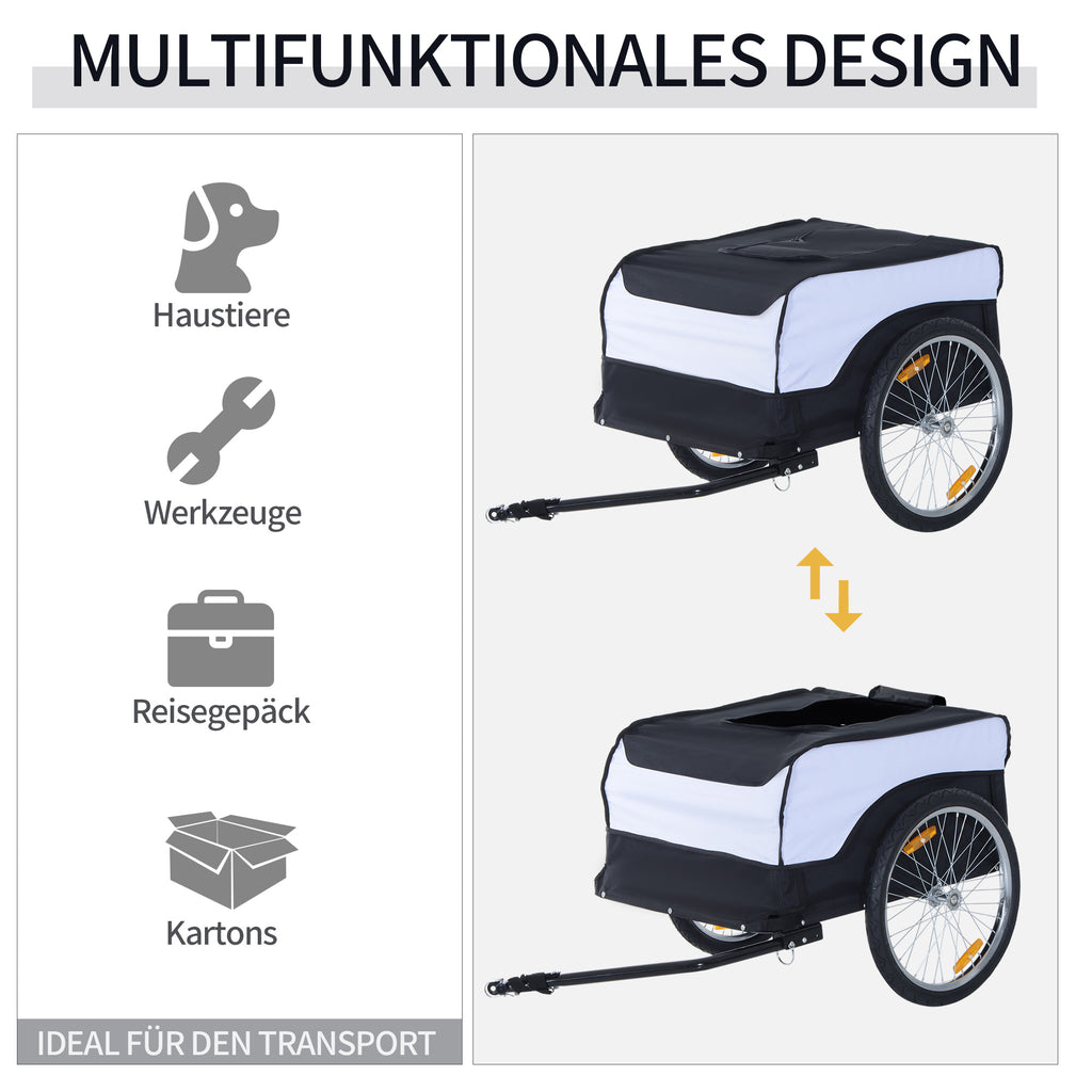HOMCOM Fahrradanhänger Lastenanhänger Belastbarkeit max. 40 kg Transportanhänger Handwagen Lasten-Fahrradanhänger Weiß+Schwarz Stahl Oxford 140 x 77 x 65 cm
