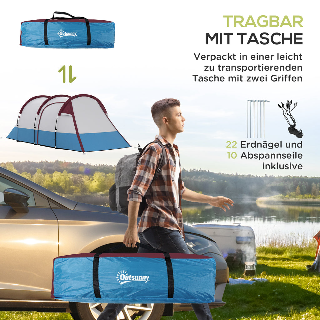 Outsunny Campingzelt, für 3 Personen, Laternenhaken, drei Eingänge, wasserdicht, Rot