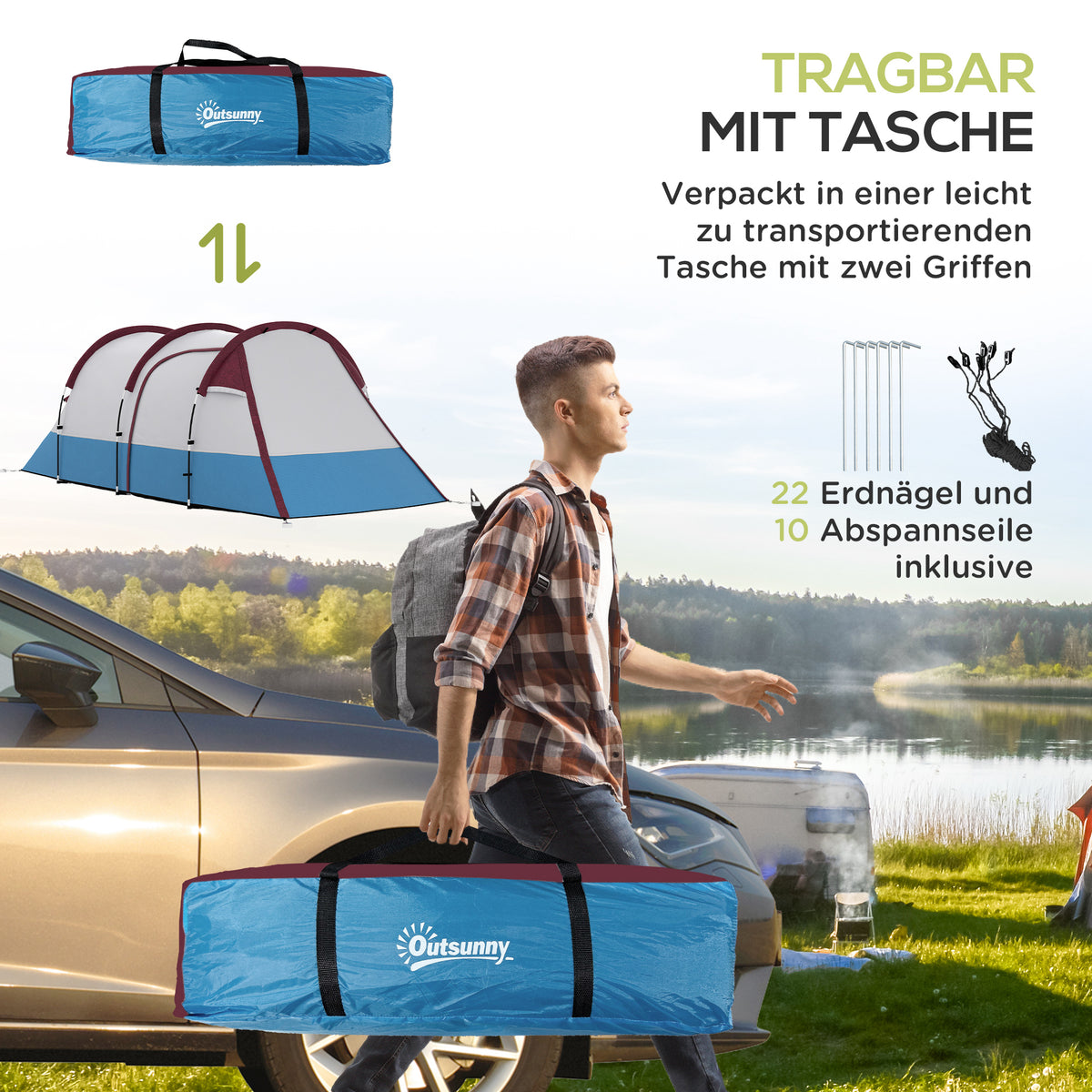 Outsunny Campingzelt, für 3 Personen, Laternenhaken, drei Eingänge, wasserdicht, Rot