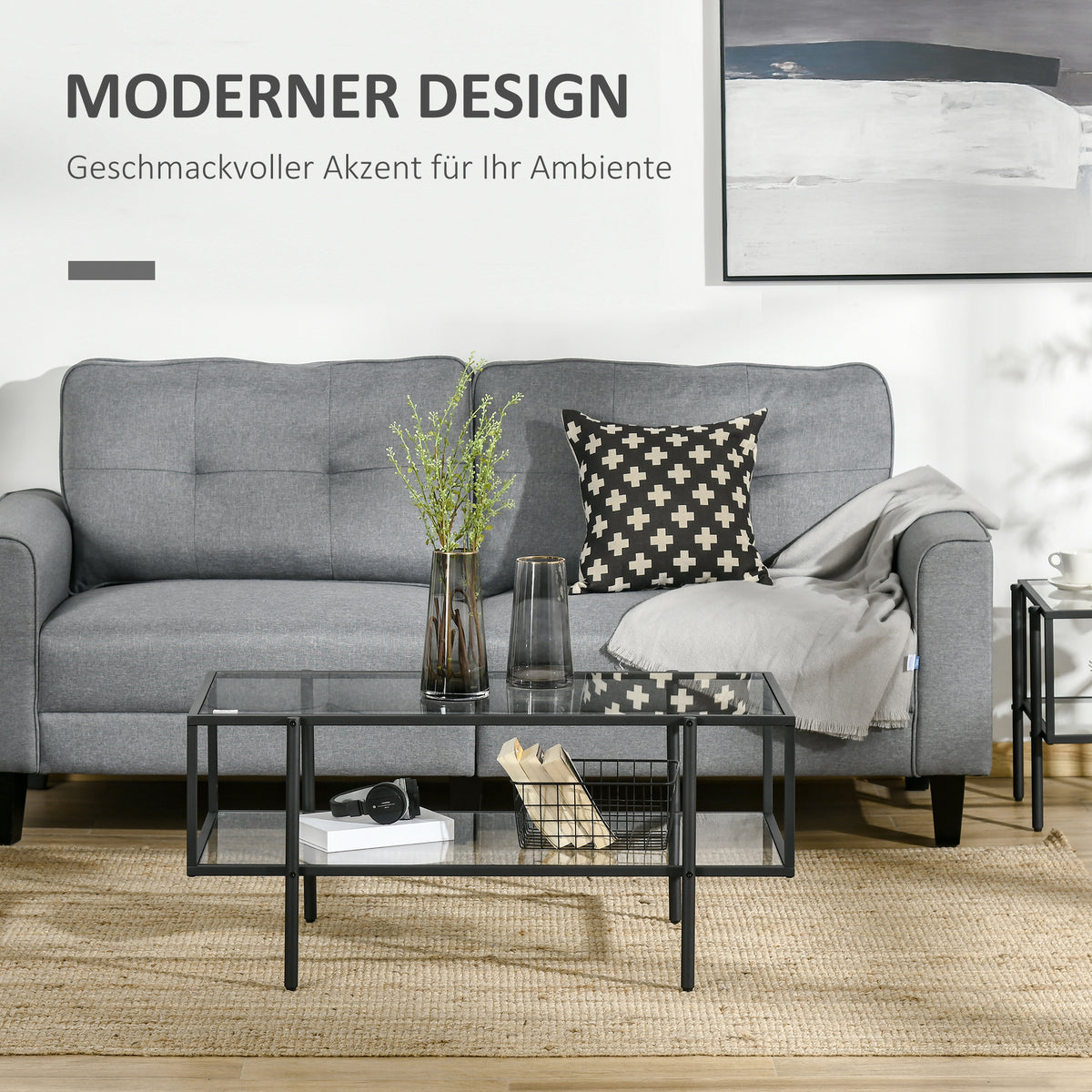HOMCOM Couchtisch mit Ablage, verstellbare Füße, Stahlrahmen, Glasplatte, 100 x 55 x 45,5 cm, Weiß