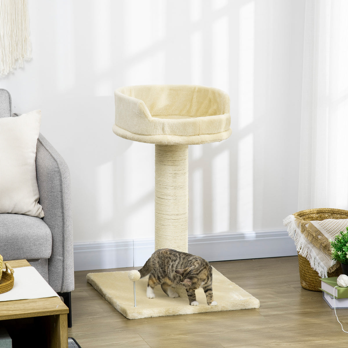 PawHut Kratzbaum Katzenbaum Katzenbett, 1 Katzenbett, inkl. Katzenspielzeug, 55 cm x 55 cm x 83 cm, Beige