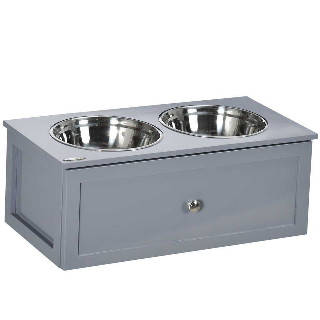 PawHut Futterstation, 2 Fressnäpfe je 2 Liter, Edelstahl, mit Schublade, für mittlere Hunde, grau, 60 x 30 x 24cm