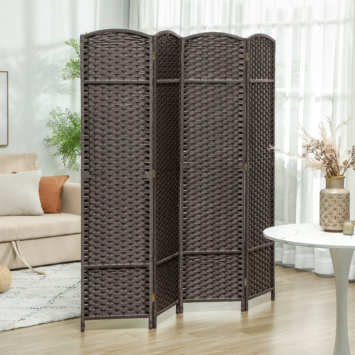 HOMCOM 4-teiliger Raumtrenner, Faltbarer Sichtschutz, Sichtschutzwand für Wohnzimmer, Schlafzimmer, Homeoffice, Braun